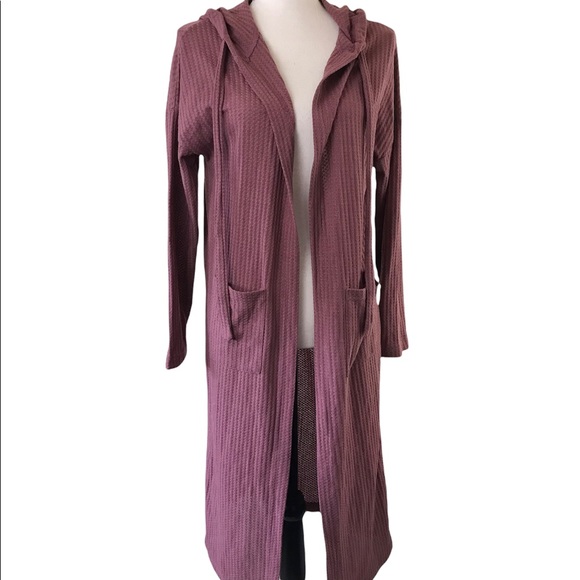 Love Riche Loveriche Mauve Pink Long Line Hooded Waffle Knit Duster Pockets S - Picture 4 of 9